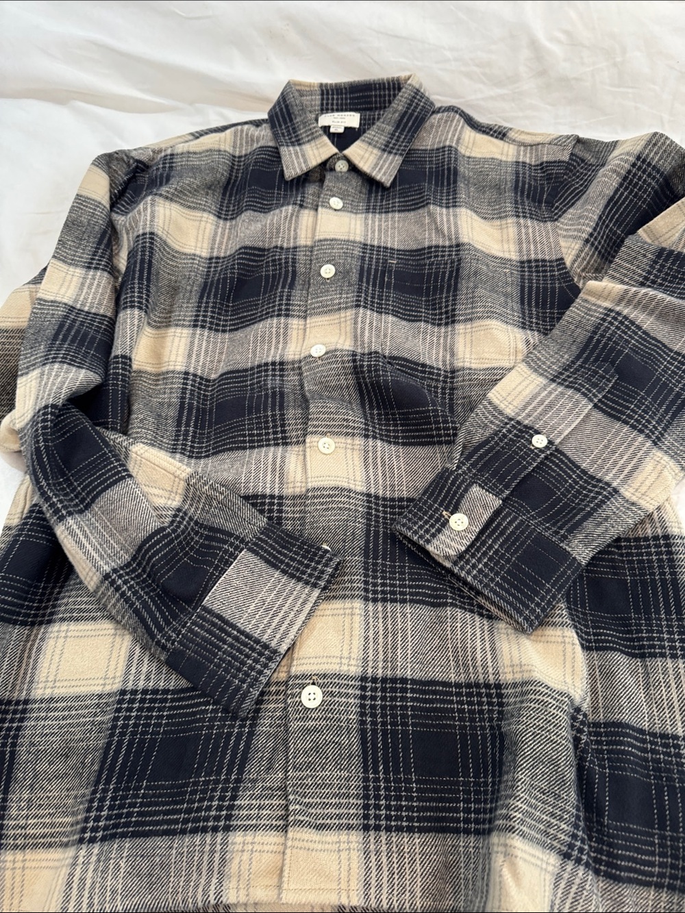 Club Monaco Black and Cream Plaid Button-Down Flannel Shirt